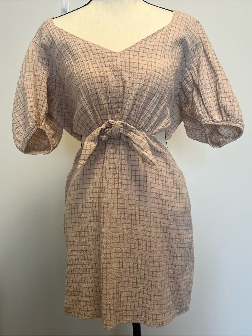 Zara Cream Check High-Low Puff Sleeve Backless Cut Out Dress